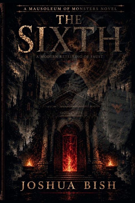 "THE SIXTH", "A Modern Retelling of Faust", gotisches Gebäude mit Flammen, düstere Atmosphäre, Autor: Joshua Bish.