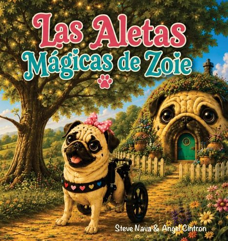 "Las Aletas Mágicas de Zoie" in verspielten Buchstaben. Ein Mops mit Rollstuhl und Schleife steht vor einem Haus, das wie ein Mops aussieht.