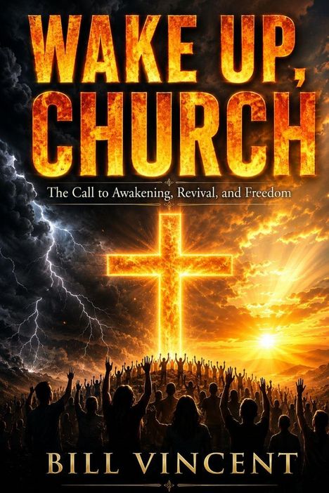 Text: "Wake Up, Church. The Call to Awakening, Revival, and Freedom. Bill Vincent." Silhouetten heben Hände vor einem leuchtenden Kreuz.