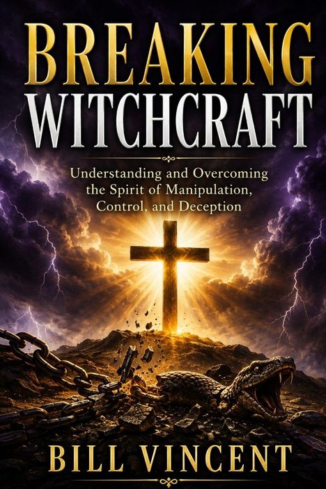 Titel: "Breaking Witchcraft"; Untertitel: "Understanding and Overcoming the Spirit of Manipulation, Control, and Deception"; Autor: Bill Vincent. Kreuz auf Hügel mit Ketten und Schlange.