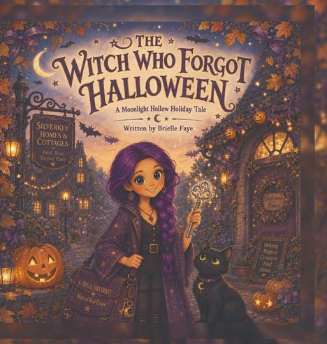 "The Witch Who Forgot Halloween" steht oben. Eine Hexe mit lila Haaren, Schlüssel, schwarzer Katze und Kürbissen vor einem Haus.