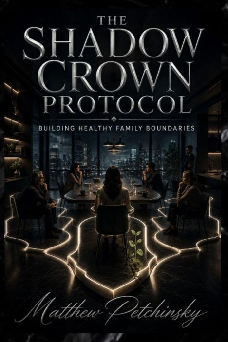 "The Shadow Crown Protocol: Building Healthy Family Boundaries. Matthew Petchinsky." Menschen um einen Tisch in dunklem Raum.