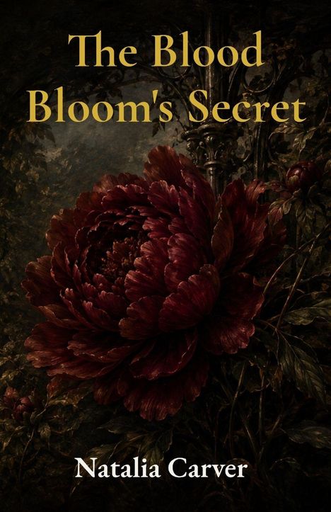 „The Blood Bloom's Secret“ und „Natalia Carver“ in gelber und weißer Schrift. Eine dunkelrote Blume dominiert den Hintergrund.