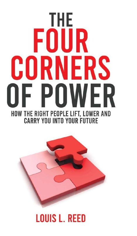 Titel: "The Four Corners of Power" von Louis L. Reed. Illustration mit roten und rosa Puzzleteilen.