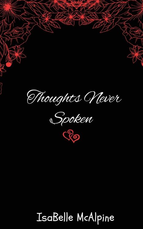 "Thoughts Never Spoken" in eleganter Schrift, darunter rote verschlungene Herzen, oben rote florale Muster, Name: IsaBelle McAlpine.