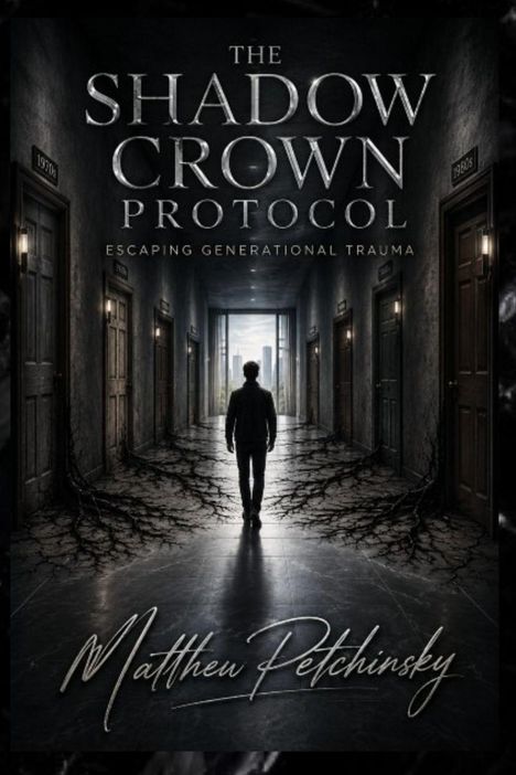 "The Shadow Crown Protocol. Escaping Generational Trauma. Matthew Petchinsky." Eine Person geht in einem dunklen Flur mit Wurzeln.