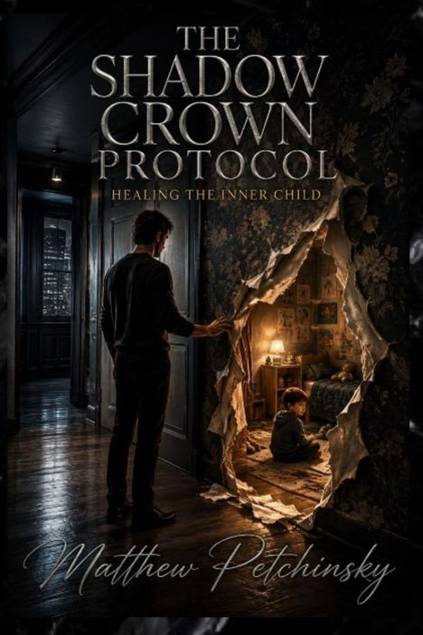 "The Shadow Crown Protocol: Healing the Inner Child." Ein Mann betrachtet durch ein Loch in der Wand ein Kind in einem gemütlichen Raum.