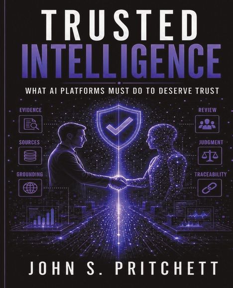 "Trusted Intelligence" oben. Zwei Figuren schütteln Hände; links Mensch, rechts digitaler Avatar. Technologische Symbole.