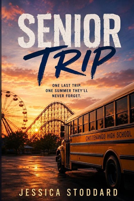 "SENIOR TRIP: ONE LAST TRIP. ONE SUMMER THEY'LL NEVER FORGET." Gelber Schulbus vor Achterbahn bei Sonnenuntergang.