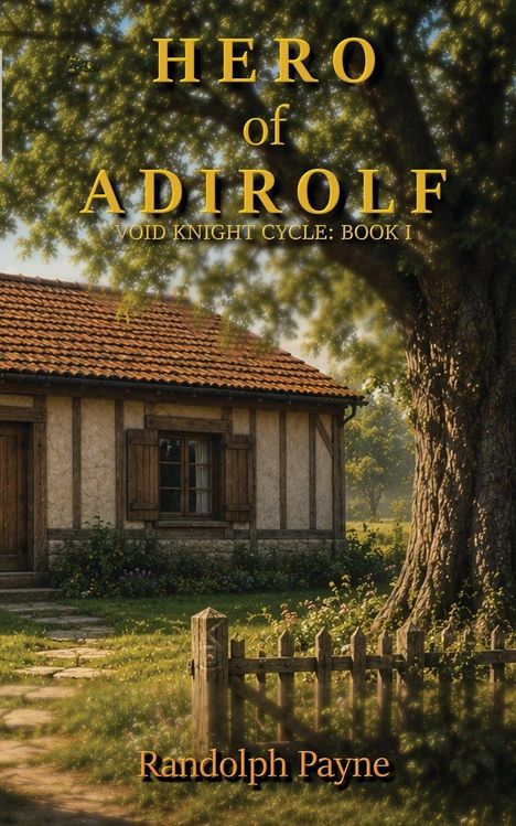 Illustration eines gemütlichen Landhauses mit Garten, große Bäume im Vordergrund. Texte: "HERO of ADIROLF", "VOID KNIGHT CYCLE: BOOK I", "Randolph Payne".