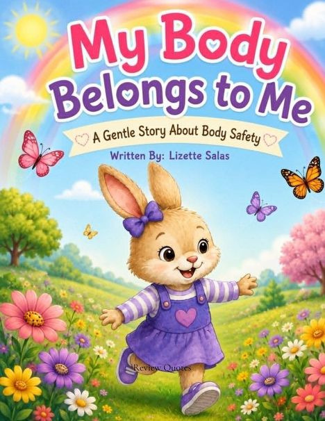 „My Body Belongs to Me“. Ein fröhlicher Hase in lila Kleid läuft durch bunte Blumenwiese, Regenbogen im Hintergrund.