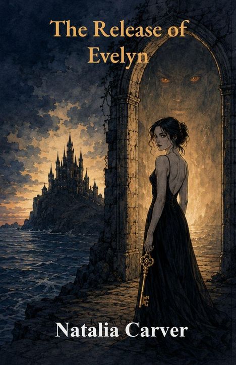 „The Release of Evelyn“, Natalia Carver. Frau mit Schlüssel vor Torbogen, Burg am Meer, dramatischer Himmel.