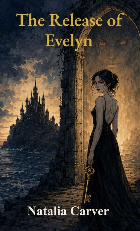 "The Release of Evelyn", darunter "Natalia Carver". Illustration: Frau in Schwarz vor Burg, trägt großen Schlüssel.