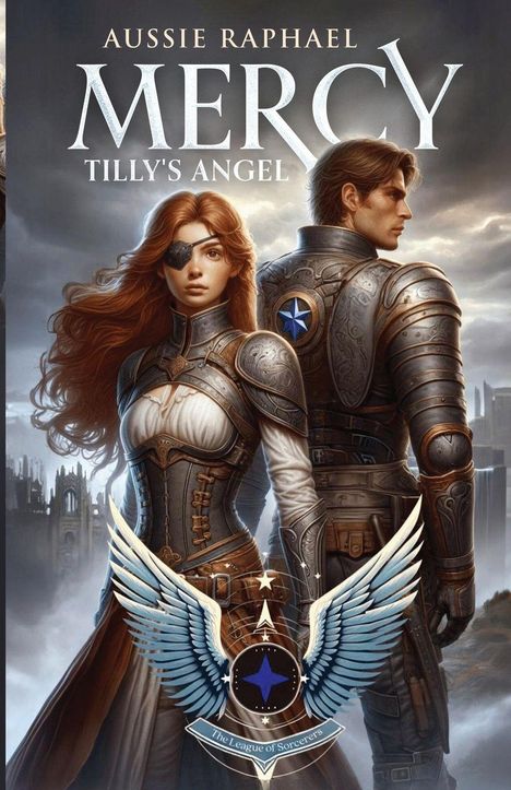 „Aussie Raphael, Mercy, Tilly's Angel.“ Zwei Krieger in Rüstung, Frau mit Augenklappe, blauer Stern und Flügel-Emblem.