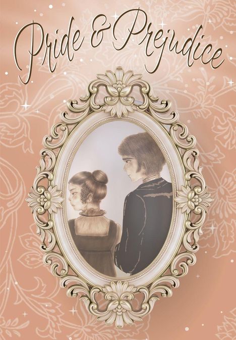 "Pride & Prejudice" in eleganter Schrift vor blumigem Hintergrund; Illustrationsrahmen mit einem Paar im Profil.
