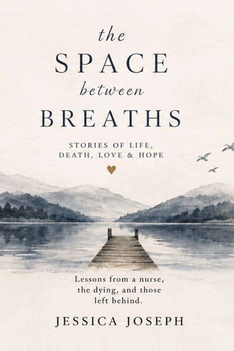 "the SPACE between BREATHS" Jessica Joseph. Aquarell eines Anlegestegs, der in einen See zwischen Bergen führt.