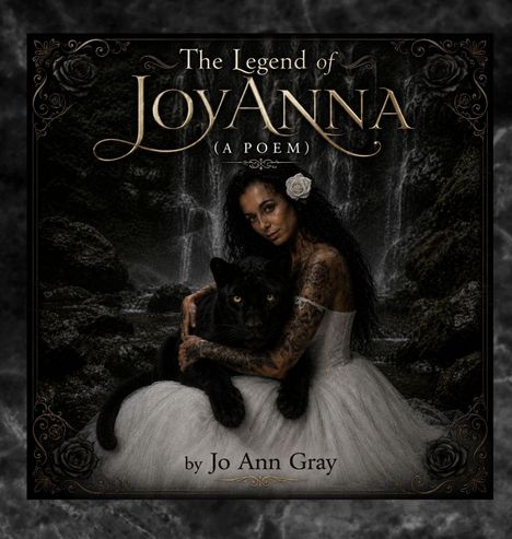 "The Legend of JoyAnna (A Poem)" von Jo Ann Gray. Eine Frau in einem weißen Kleid umarmt einen schwarzen Panther vor einem Wasserfall.