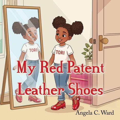 „My Red Patent Leather Shoes“ und „Tori“ auf einem T-Shirt. Ein Mädchen schaut in einen Spiegel, trägt rote Schuhe. Illustration.