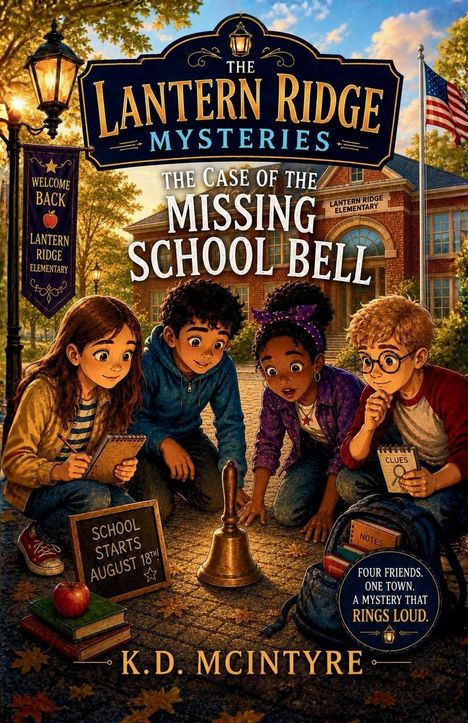"The Lantern Ridge Mysteries: The Case of the Missing School Bell." Vier Kinder untersuchen neben einer Schulglocke.