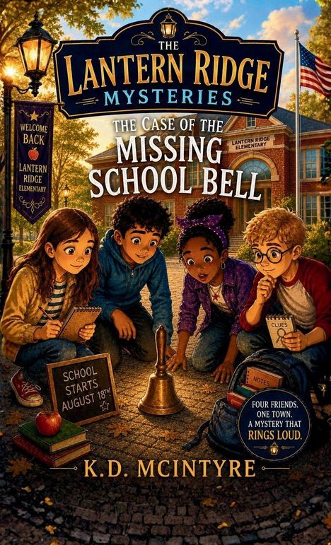 "THE LANTERN RIDGE MYSTERIES: THE CASE OF THE MISSING SCHOOL BELL." Vier Kinder inspizieren eine Schulglocke.