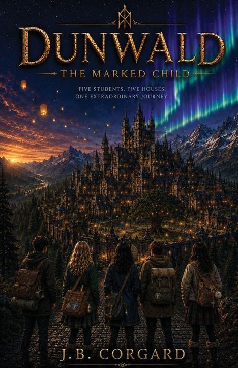 "Dunwald: The Marked Child. Five students. Five houses. One extraordinary journey." Fünf Personen blicken auf ein beleuchtetes Schloss.