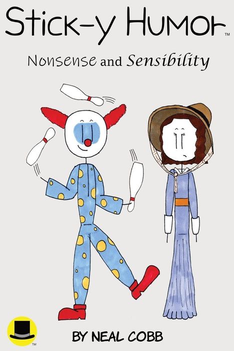 "Stick-y Humor: Nonsense and Sensibility." Illustration eines Clowns und einer Frau in antiker Kleidung.