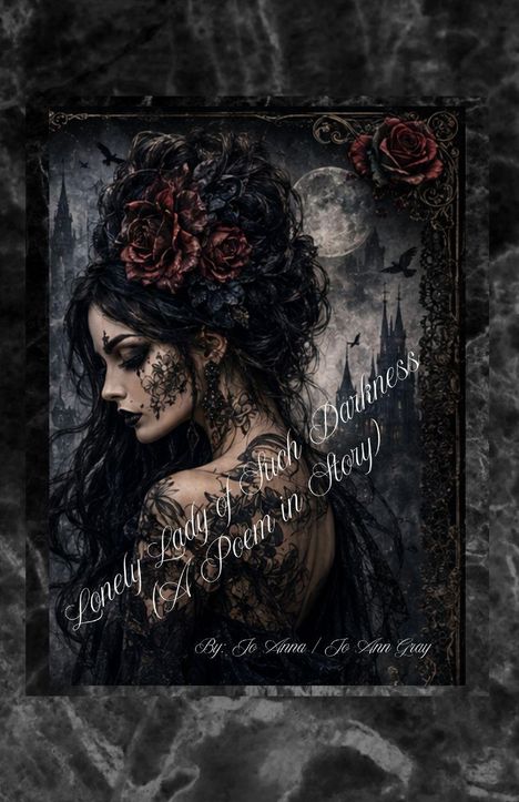 Text: "Lonely Lady of Such Darkness (A Poem in Story)" und "By: Jo Anna / Jo Ann Gray".  
Illustration: Frau mit schwarzen Haaren und roten Rosen.