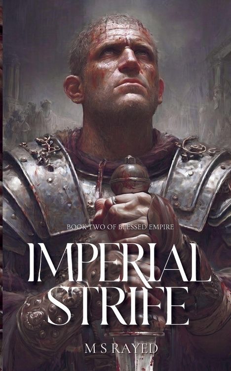 "Imperial Strife" steht in großen Buchstaben. Ein römischer Soldat schaut entschlossen nach oben, in Rüstung mit Schwert.