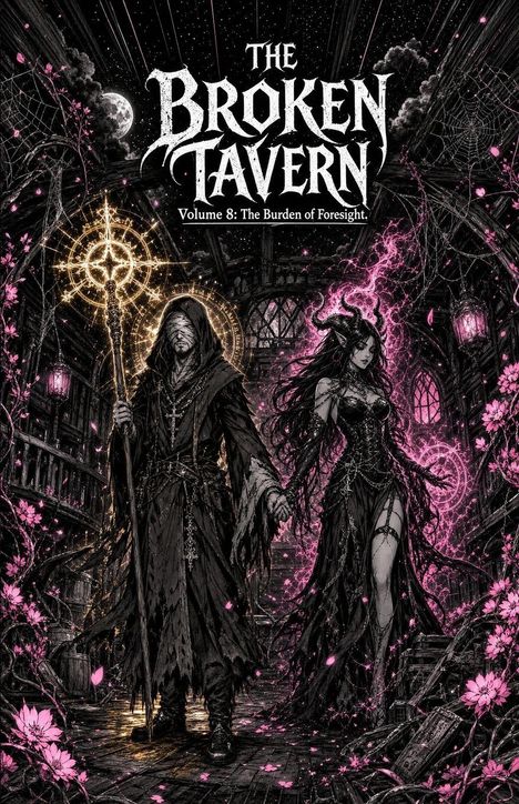 „THE BROKEN TAVERN, Volume 8: The Burden of Foresight“. Ein mystisches Paar in einem düsteren, blühenden Raum.