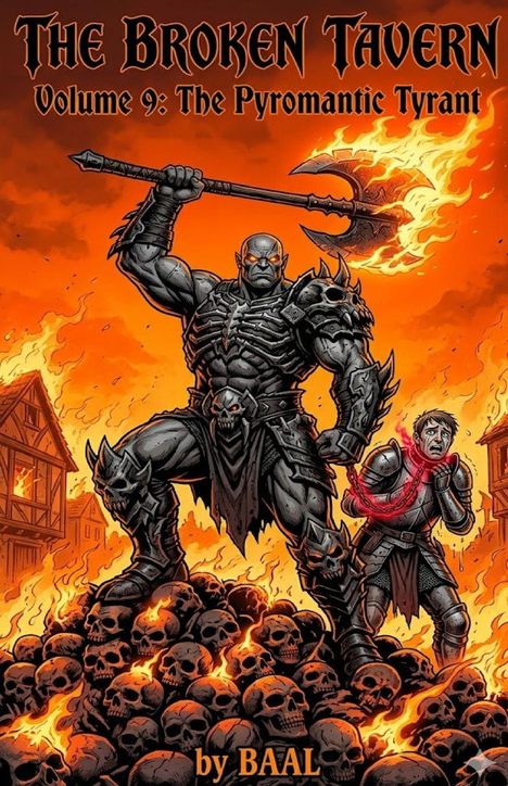 "The Broken Tavern Volume 9: The Pyromantic Tyrant by BAAL." Illustration: Ein muskulöser Krieger mit brennender Axt auf Totenköpfen.