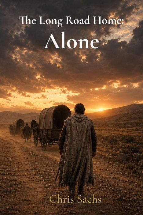 „The Long Road Home: Alone. Chris Sachs“. Ein Mann folgt Planwagen in einer weiten, roten Landschaft beim Sonnenuntergang.