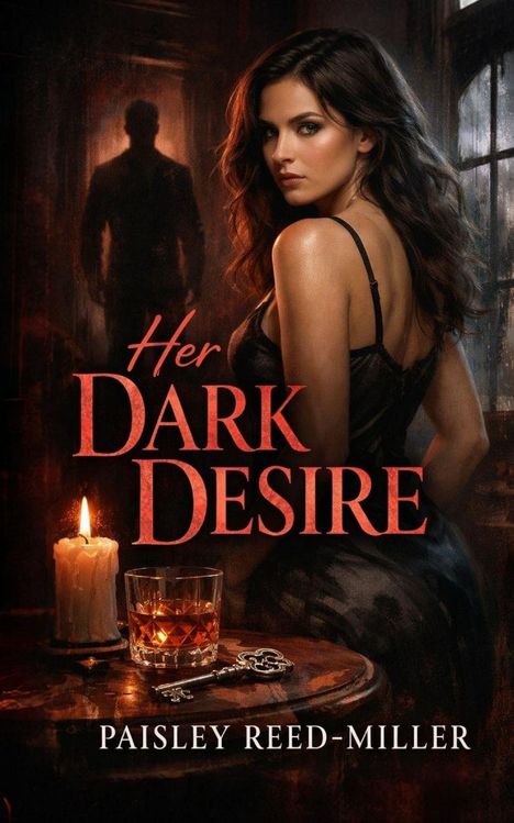 "Her Dark Desire," Paisley Reed-Miller. Eine Frau in einem dunklen Raum, im Vordergrund eine Kerze, ein Glas und ein Schlüssel.