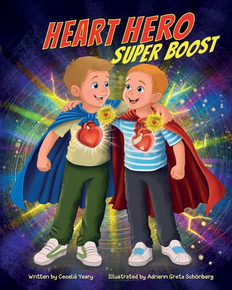 "HEART HERO SUPER BOOST" in leuchtenden Buchstaben. Zwei lächelnde Jungen in Superheldenumhängen mit Herz-Symbolen.