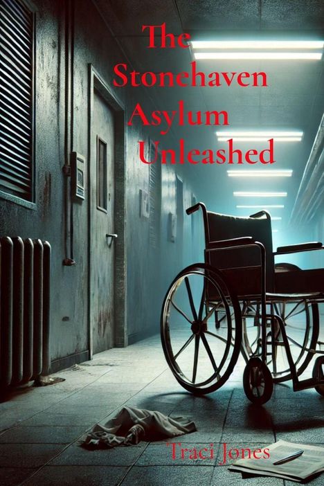 "The Stonehaven Asylum Unleashed" und "Traci Jones" in roter Schrift. Dunkler Flur, verlassener Rollstuhl, gedämpftes Licht.