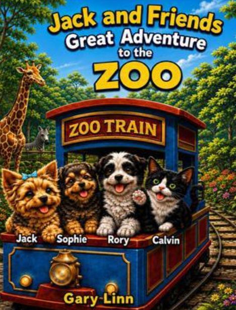 „Jack and Friends: Great Adventure to the Zoo“. Vier Tiere im ZOO TRAIN: Jack, Sophie, Rory, Calvin. Giraffe im Hintergrund.