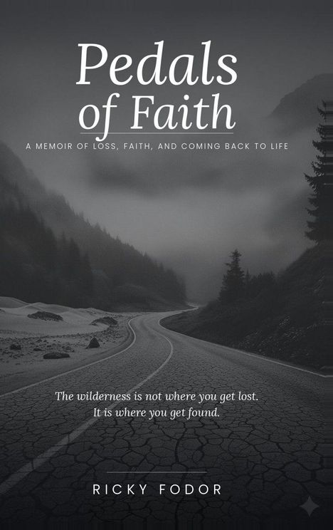 Text: "Pedals of Faith", Untertitel: "A memoir of loss, faith, and coming back to life", Zitat: "The wilderness is not where you get lost. It is where you get found.", Autor: "Ricky Fodor." Graues Straßenbild mit Bergen im Hintergrund.