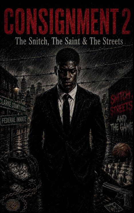 CONSIGNMENT 2, The Snitch, The Saint & The Streets. Ein Mann in Anzug vor einer Stadtlandschaft, Schachbrett, Waffe.