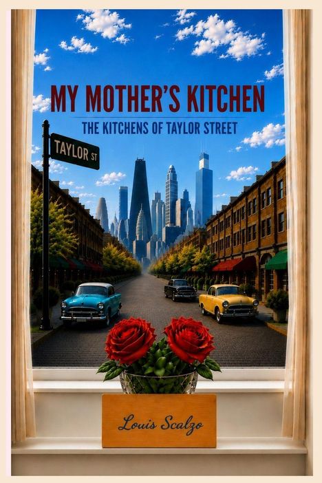 "My Mother's Kitchen. The Kitchens of Taylor Street. Louis Scalzo." Skyline, Oldtimer, Rosen vor einem Fenster.