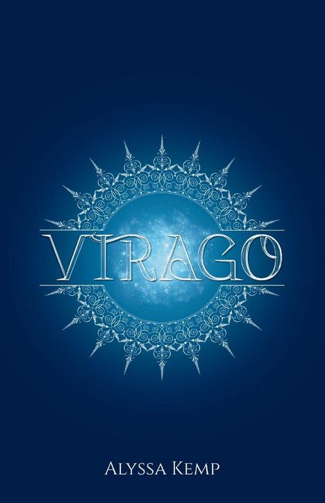 "VIRAGO" in großen Buchstaben, darunter "Alyssa Kemp". Hintergrund: ein detailliertes, blaues, mandalaartiges Muster.