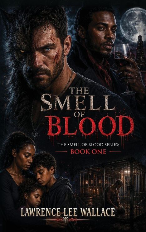 "The Smell of Blood: Book One" von Lawrence Lee Wallace. Zwei Männer im Vordergrund, einer teils als Wolf. Familie kuschelt, Käfig rechts.