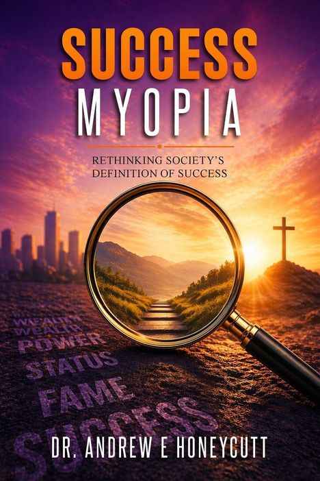 „SUCCESS MYOPIA“, „Rethinking Society’s Definition of Success“, Dr. Andrew E Honeycutt, Lupe über Landschaft bei Sonnenuntergang.