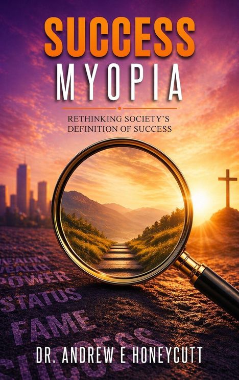 „SUCCESS MYOPIA“, „RETHINKING SOCIETY'S DEFINITION OF SUCCESS“, „DR. ANDREW E HONEYCUTT“. Vergrößerte Landschaftsszene.