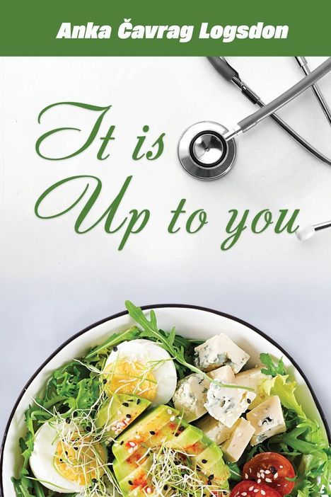 "Anka Čavrag Logsdon" oben in Weiß auf Grün. "It is Up to you" in geschwungener Schrift. Unten ein Salat mit Ei, Avocado.