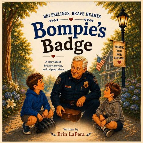 "Bompie's Badge" steht groß in der Mitte. Ein älterer Polizist lächelt zwei Jungen an, die vor ihm hocken.