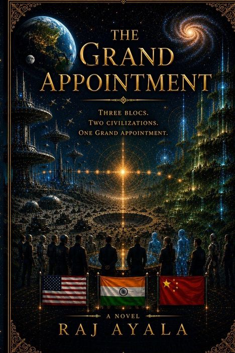 "The Grand Appointment. Three blocs. Two civilizations. Flags von USA, Indien, China. Science-Fiction-Landschaft."