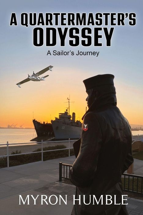 „A Quartermaster’s Odyssey: A Sailor’s Journey“ von Myron Humble. Ein Soldat am Meer blickt auf ein Kriegsschiff bei Sonnenuntergang.