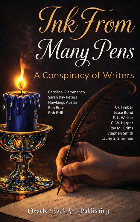 "Text: 'Ink From Many Pens: A Conspiracy of Writers'. Eine Hand schreibt mit einer Feder neben einer brennenden Kerze."
