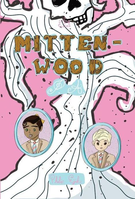 "MITTEN-WOOD” in Holzoptik, darunter zwei gezeichnete Figuren in Anzügen auf rosa Hintergrund mit Schädel und Tentakeln.