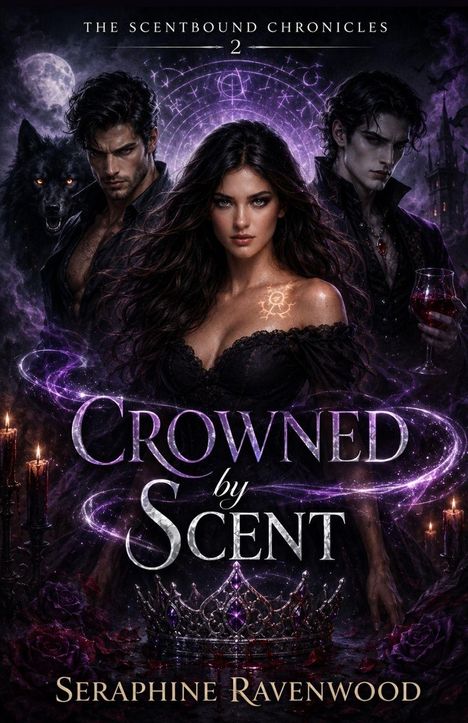 „The Scentbound Chronicles 2“, „Crowned by Scent“, Seraphine Ravenwood. Drei mystische Figuren mit Wolf, Kerzen und Krone.