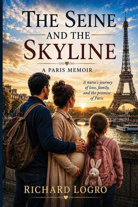 Cover von „The Seine and The Skyline“. Paar mit Kind blickt auf den Eiffelturm, sanfter Abendhimmel im Hintergrund.